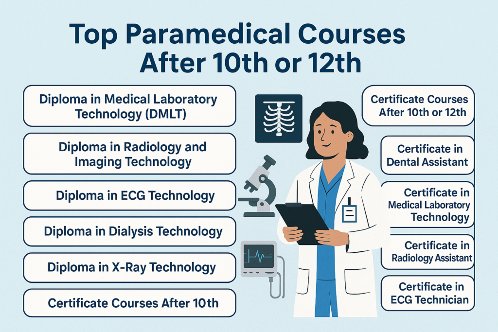 Diploma in Medical Laboratory Technology (DMLT), Diploma in Radiology and Imaging Technology , Diploma in ECG Technology, Diploma in Dialysis Technology, Diploma in X-Ray Technology, Certificate Courses After 10th or 12th, Certificate in Dental Assistant, Certificate in Medical Laboratory Technology, Certificate in Radiology Assistant, Certificate in ECG Technician
